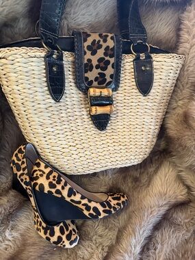 KATE LANDRY Leather & Straw Tote Bag